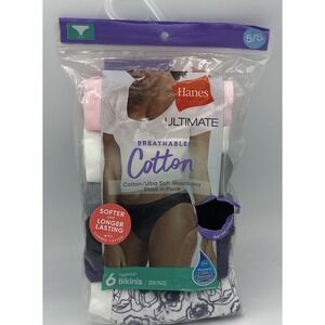 Hanes Ultimate Womens Size S/5 Multi Cotton Tagless Soft Bikini Underwear 6 Pack